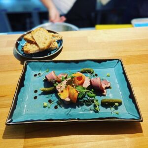 Forage at Wadswick Starter - Duck Liver Parfait with Smoked Duck Breast, Pickled Carrot, Chutney and Toasted Sourdough